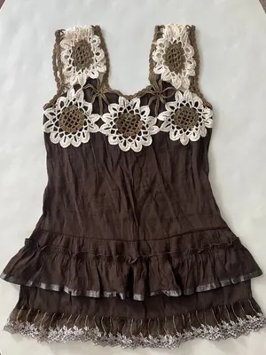 Brown Cottagecore Crochet Lace Trim 90s Vintage Brown Tiered Ruffle Tank Top M thumbnail 3
