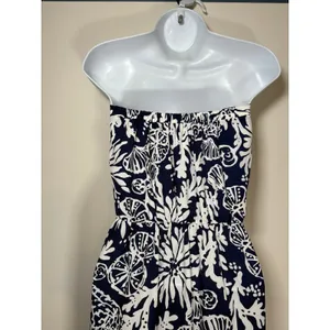 Lilly Pulitzer Maxi Dress Navy Blue Shell Coral Print Strapless Classic Small thumbnail 5