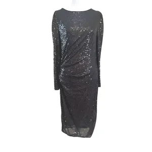 Nanette‎ Lepore Sequin Dress Womens 8 Black NEW Long Sleeve Ruched Midi Sheath thumbnail 2