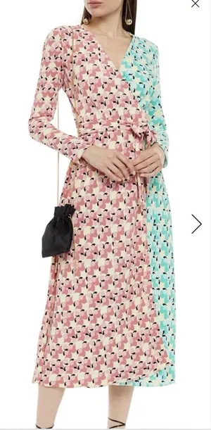 Diane Von Furstenberg Two-Tone Pink & Aqua Wrap Midi Dress thumbnail 1