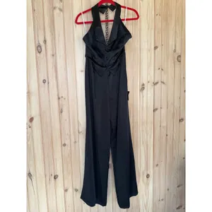 NWT Lulus Sensationally Sophisticated Black Satin Halter Vest Jumpsuit Party M thumbnail 2