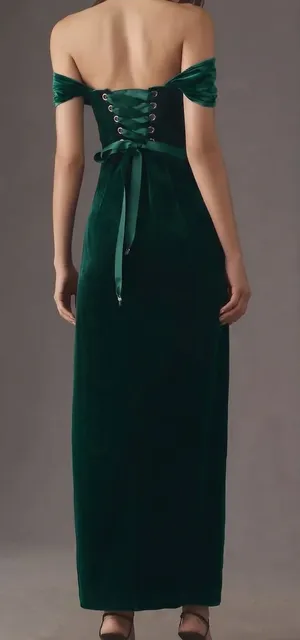 BHLDN Anthropologie Lana NWT Emerald Green Velvet Corset Lace Up Back Gown L NEW thumbnail 1