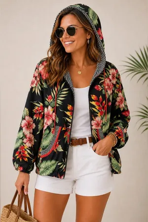 VTG Vanity Tropical Floral Beaded Shell Lightweight Zip Hoodie Jacket Size L thumbnail 1