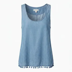 TGLA Chambrey denim tank top flowy, cropped silhouette pom-pom trim along the he thumbnail 2