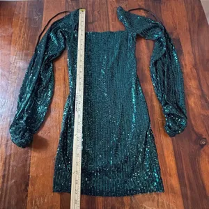 Lucy In The Sky‎ Emerald Green Sequin Balloon Sleeve Mini Dress Small Tie Back thumbnail 2