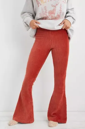 Aerie Groove On Velour Pants Flared Leggings Burnt Orange Cinnabar Size Medium thumbnail 1