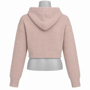 American Eagle Women L Pink Cropped Knit Hoodie Sweater Ribbed Long Sleeve thumbnail 2