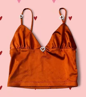 Brown satin crop top with silver heart embellishments thumbnail 1