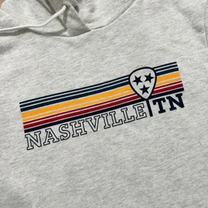 League | Women's Gray Nashville TN Cropped Striped‎ Graphic Hoodie Sweatshirt, M thumbnail 3