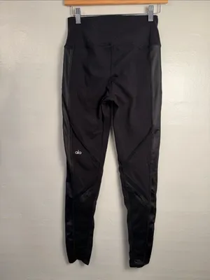 Alo Leggings Long Black Net Trim Inserts Diagonal Design Satin Strips thumbnail 5
