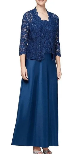 Alex Evenings Navy Blue Lace‎ Glitter Two Piece Jacket Sleeveless Satin Dress 6 thumbnail 1