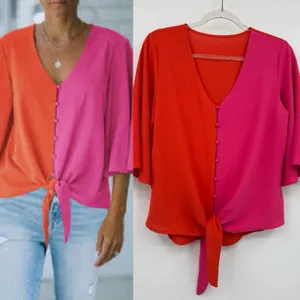 Hot Pink Orange Blouse V Neck Button Down Tie Knot Front Bell Sleeves Small Top thumbnail 2