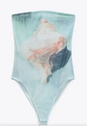 ZARA Sheer Mesh abstract seashell Bodysuit light blue strapless small thumbnail 1