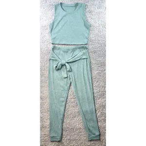 Sage Green Ribbed Knit 2 Piece Set Crop Top and Tie Waist Joggers XL thumbnail 3