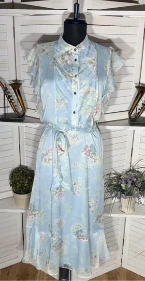 Ralph Lauren floral blue midi dress chiffon flutter sleeves cottage fairy boho 6 thumbnail 1