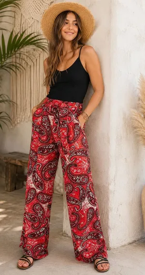 Free People Double Trouble Tiger Lily Combo Red Paisley Boho Tie Wide Leg Pants thumbnail 1