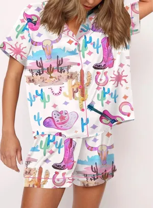NIB Western Desert Pajama Set Short Sleeve Button Down Shorts Pastel Small thumbnail 1