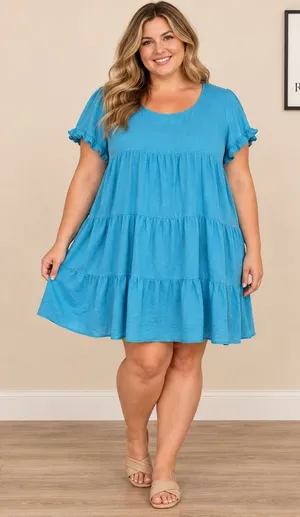 Umgee Plus Blue Linen Blend Tiered Babydoll Mini Dress Ruffle Sleeve 1XL WC2355 thumbnail 1