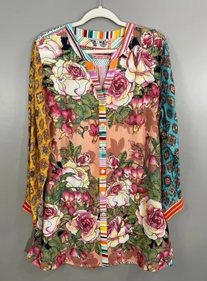John Mark Tunic Top Womens Large Multicolor Great Floral Stripe Mixed Media thumbnail 1