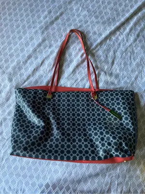 Stylish Navy Patterned Tote with coral Trim Blue thumbnail 4