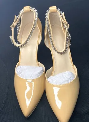 3 1/2 inch nude heels, sz 9 1/2, rhinestone ankle strap with charm, pointed toe thumbnail 1