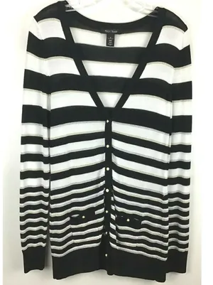 White House Black Market Cardigan Women Medium Black White Striped Metallic‎ thumbnail 1