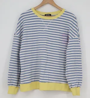 BTFBM Womens Blue White Striped Sweatshirt Yellow Trim Size L thumbnail 1