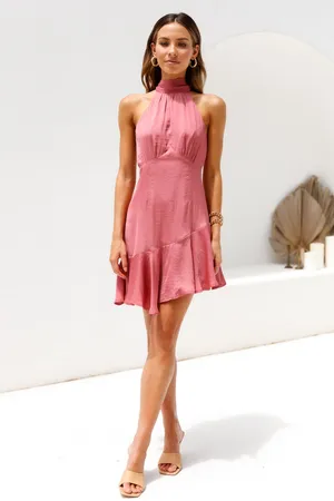 Hello Molly Satin Looking Cute Halter Neck Asymmetrical Skirt Mini Dress Rose thumbnail 2