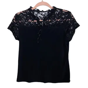 Uncommon Job Small Black Lace Yoke Short‎ Sleeve Tie Neck Blouse thumbnail 1