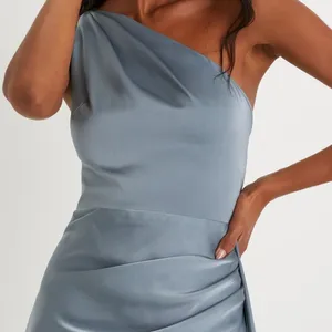 NEW Lulus Signature Elegance Slate Blue Satin One-Shoulder Pleated Maxi Dress 1X thumbnail 7