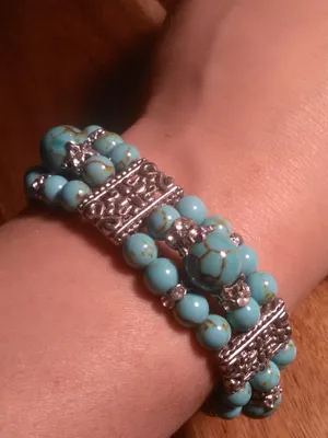 Blue Howlite Three Row Beaded Silvertone Stretch Bracelet thumbnail 2