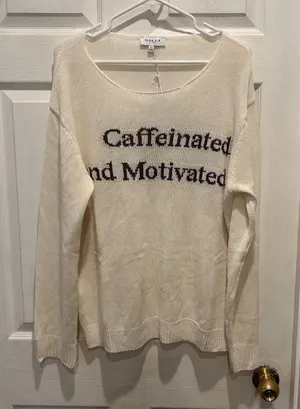 New Gilli Women Caffeinated and Motivated Graphic Knit Sweater Cream Large Mama thumbnail 1