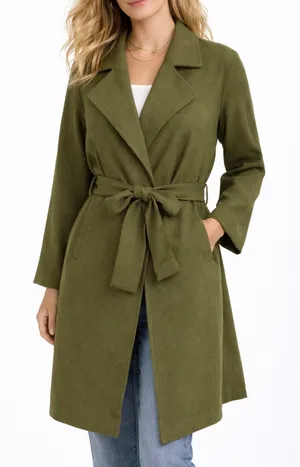 SOPHIE RUE Classic Lightweight Belted Lightweight Olive Green Trench Coat~XL thumbnail 1
