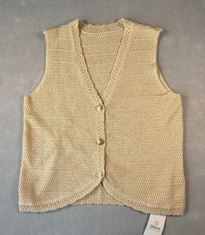 Womens Knit Vest Beige Tan V-Neck Button Scalloped Hem Small Bohemian Cottage thumbnail 1