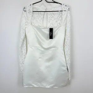 Lulus Prettiest Behavior White Satin Lace Long Sleeve Mini Dress Medium NWT thumbnail 5