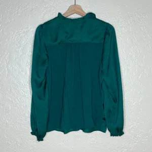 Loft Green Puff Sleeve Tie Neck Cotton Modal Blouse Womens‎ Medium thumbnail 3