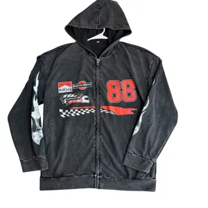 Tik‎ Tok Viral Racetrack Hoodie Sweatshirt Black Acid Wash Flame Motocore Size M thumbnail 2