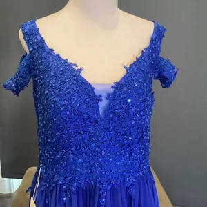 Women’s Blue A-Line Lace Appliqué Bridesmaid Party Dress Leg Slit Size 10 NWT thumbnail 2