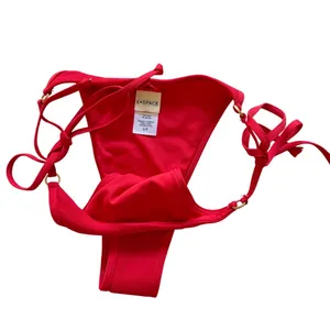 L*Space Red Ribbed Side Tie‎ Bikini Bottoms Gold Ring Hardware Small thumbnail 4