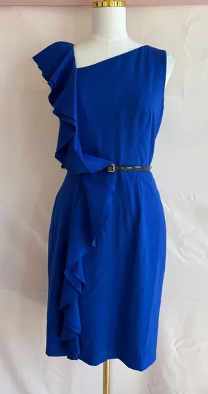 Calvin Klein Women's Blue Ruffle Dress with Belt, Size 4 thumbnail 1