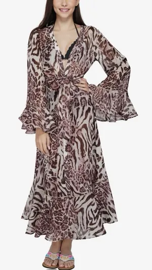 America & Beyond Womens Animal Print Rose Tan Ruffle Trim Robe Tie Kimono thumbnail 1