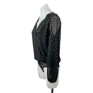 All in Favor Black Metallic Dot Sheer Mesh Long Sleeve Wrap Bodysuit Top Size S thumbnail 3