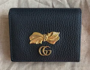 Gucci Marmont Black Leather Wallet with Gold Bow Logo and floral lining thumbnail 1
