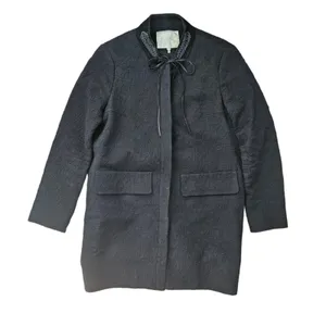 Maje Gretelle‎ Leather Trim Jacquard Knit Longline Coat Parisian Car Coat Sz 36 thumbnail 5
