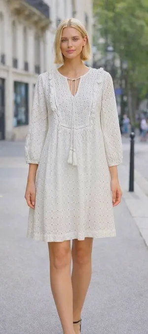 Anthropologie Thames Dress White Eyelet Cotton Womens 4 3/4 Sleeve Mini Boho thumbnail 1