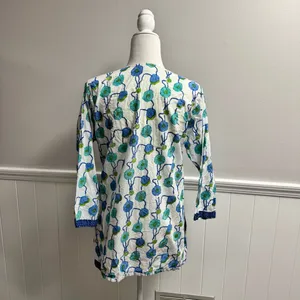 Gretchen Scott Long Sleeve Tunic Top Blouse Floral Blue Green Cotton Medium thumbnail 10