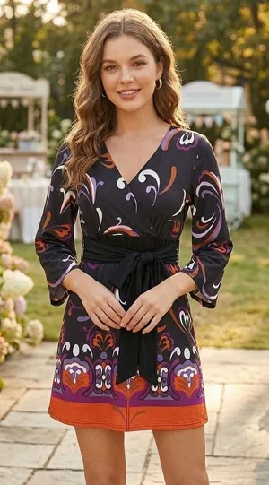 Y2K J.T.B. Size L Mod print faux wrap mini dress. thumbnail 1