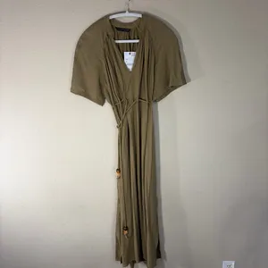 Zara Dress Womens Sz XS Khaki Olive Midi Pleated Tie Waist Contemprorary Beachy thumbnail 2