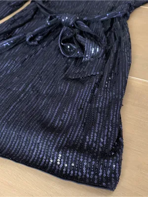 Navy Blue Sequin Wrap Dress Long Sleeve Tie Waist Cocktail Party Mini Dress thumbnail 5