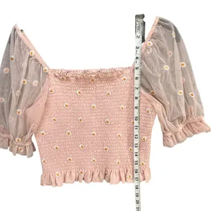 Altar'd State Smocked Top Women M Pink Embroider Daisy Ruffle Coquette Feminine thumbnail 7